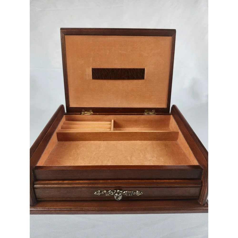 Vintage Men's Rosalco Wooden Valet Jewelry Box Classic Car Carving Mirror‎ Case